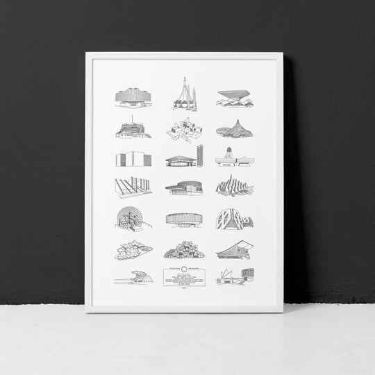 Discover Expo67 pavilions selection / 18x24" Poster / 20 of the many pavilions at the Expo67 in Montreal (frame not included)