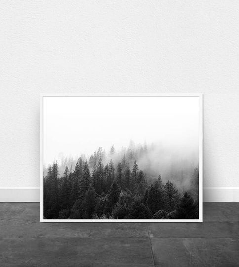 Discover Black and White Landscape Photo Fog Forest Mountain Nordic Nature Print Scandinavian Poster Minimalist art Minimal Wall Decor Trees Modern