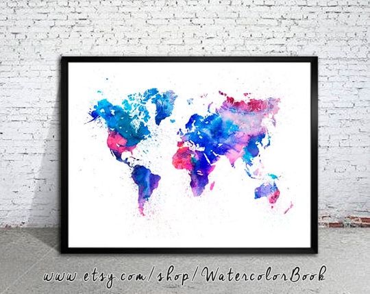 Discover World Map Watercolor Poster