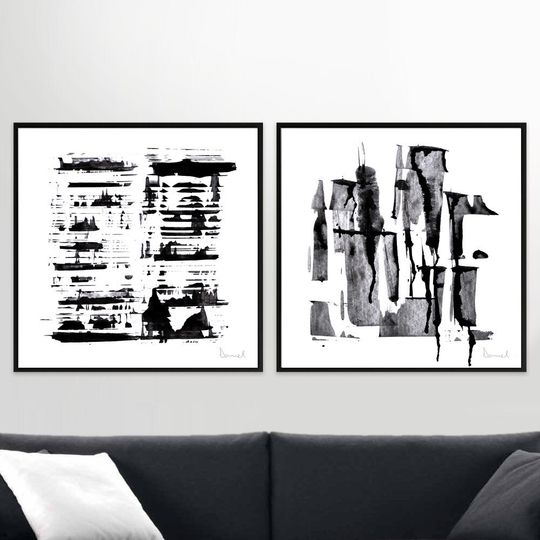 Discover Black and White Abstract Art, Set of 2 prints, Dan Hobday Art, Printable Abstract, instant download, Minimal Art 20x20 size, Art set of 2
