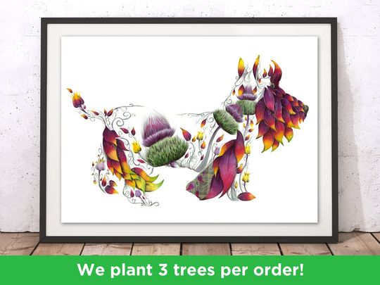 Discover Floral Scottie Art Print, Scottish Terrier Artwork, Flowers Dog Illustration, Tartan & Thistles Print, Colorful Scottie Dog Poster by Kat