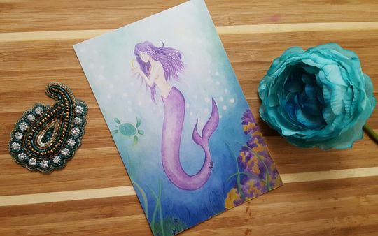Discover Purple Mermaid Postcard, Fantasy Watercolor Fairytale Princess Stationary 4x6