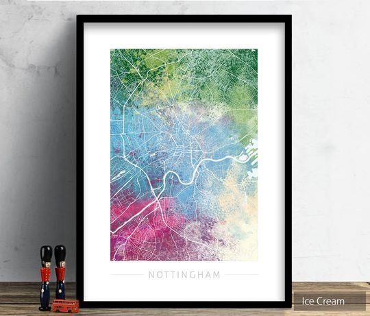 Discover Nottingham Map - City Street Map of Nottingham England UK - Art Print Watercolor Illustration Wall Art Home Decor Gift - Nature Series PRINT