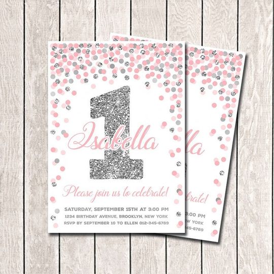 Discover 1st birthday invitations for girls Pink and silver invitations Personalized girl birthday invitation Any age