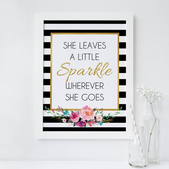 Discover She leaves a little sparkle wherever she goes, wall art, black stripe floral print, gold glitter print, inspirational, kate inspired, chic