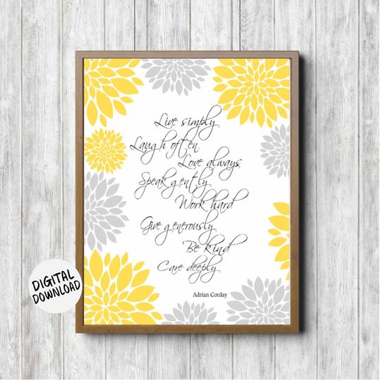 Discover Yellow And Gray/ Grey Quote Wall Art- Live Simply; Be Kind Print - Dahlia Flower Printable Wall Decor - Inspirational
