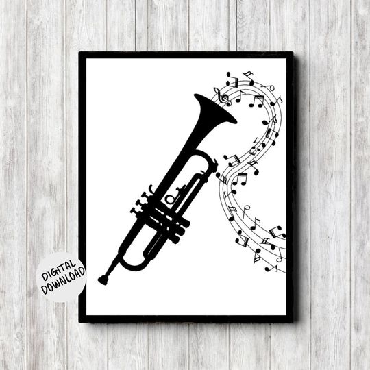 Discover Printable Music Art Poster - Trumpet Wall Art - music nout Print - Gift for Musicians - Monochrome Wall Decor -Instrument
