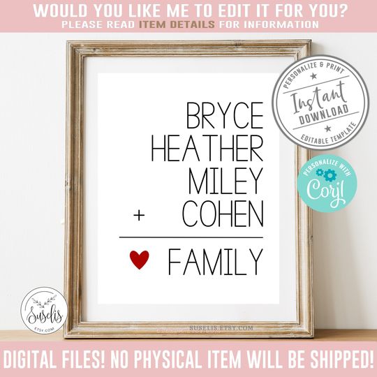 Discover Editable Family Names, sign, Corjl Template, Family Print, Gift for Parents, Love Family, Wall Art, Home decor, Instant Download, DIGITAL