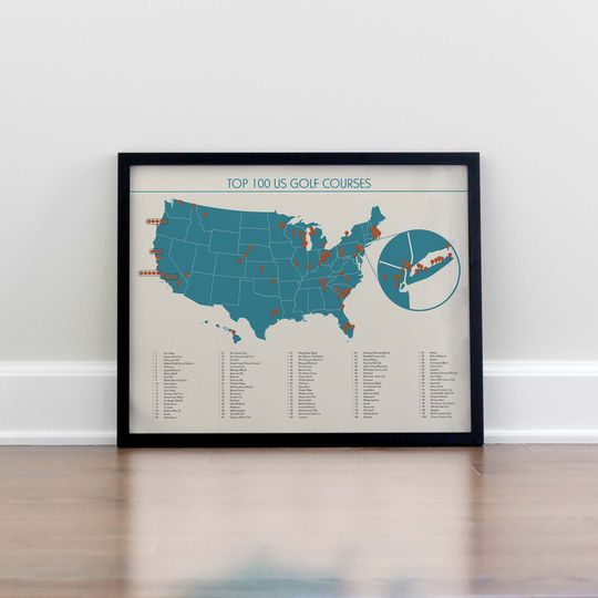 Discover Top 100 US Golf Courses Checklist Map Poster Print - Golf Course Bucket List - Great gift for golfer