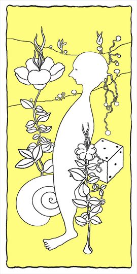 Discover scene with nut, landscape B6, flower, die, shell, mixmedia, art print, digital art, special dimension