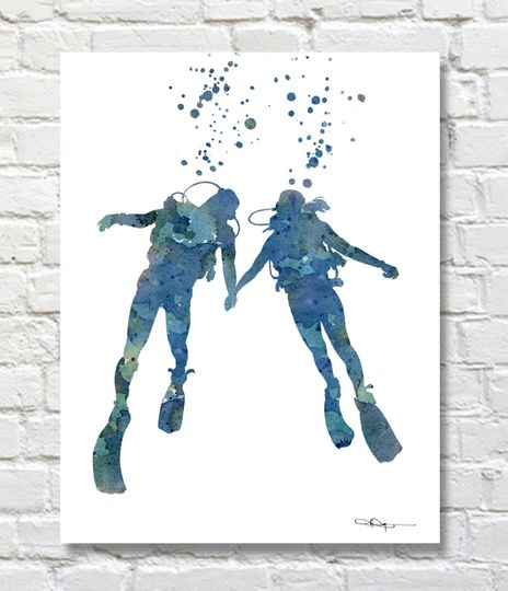 Discover Scuba Divers Art Print - Abstract Watercolor Painting - Wall Decor