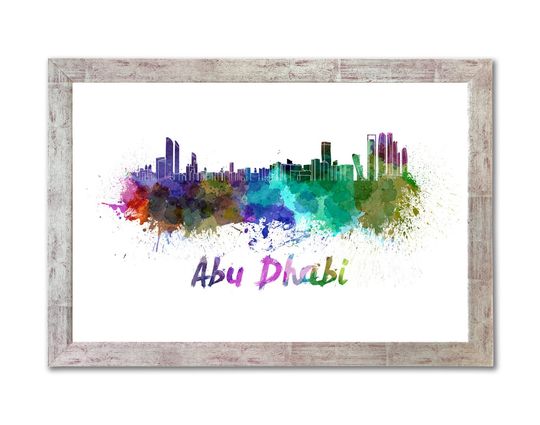 Discover Abu Dhabi skyline in watercolor over white background with name of city - SKU 0265
