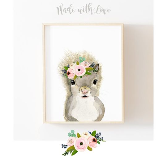 Discover Watercolor  baby squirrel , Woodland nursery, Animal Paintings, squirrel, nursery decor, woodland, kids posters