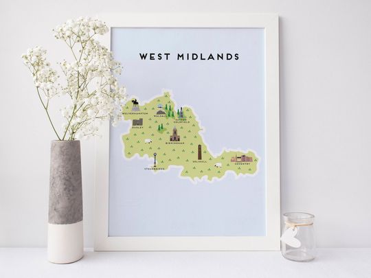 Discover West Midlands Map - Illustrated Map of The West Midlands Print / Travel Gifts / Gifts for Travellers / United Kingdom / Great Britain