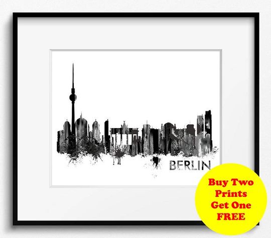 Discover Berlin Skyline Watercolor Art Print - Black and White Decor