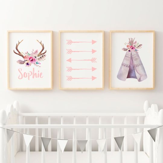 Discover Girls Nursery or Bedroom Prints- Boho Watercolor Tribal Teepee, Arrows & Antlers - Kids Wall Art Decor- Name Print- Set of 3- A4 A3