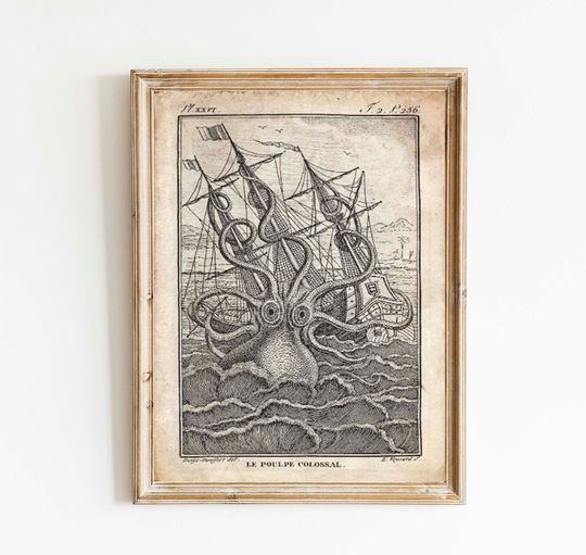 Discover Vintage Sea Monster Print - Colossal Squid - Antique Mythological Print - Nautical Sailor Pirate Ship