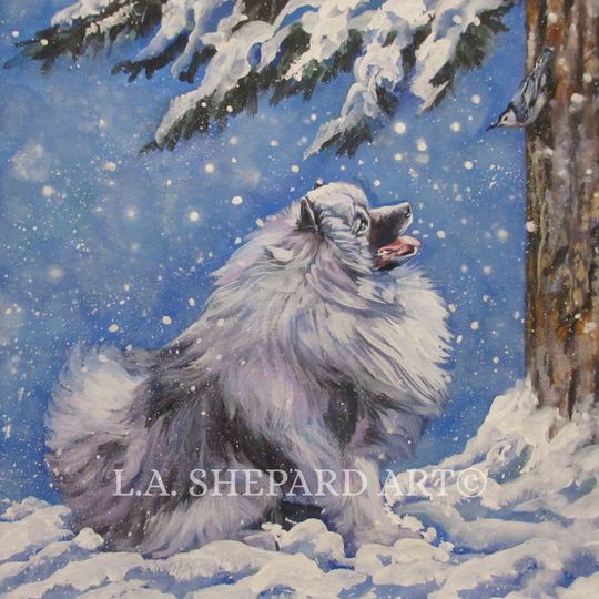 Discover KEESHOND art print canvas PRINT of LA Shepard painting 8x8" winter dog