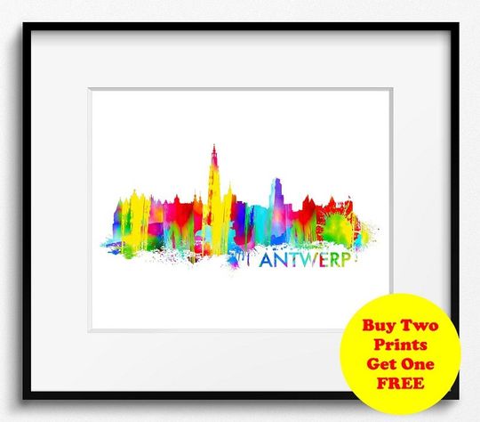 Discover Antwerp Skyline Watercolor Art Print (310) Cityscape Belgium