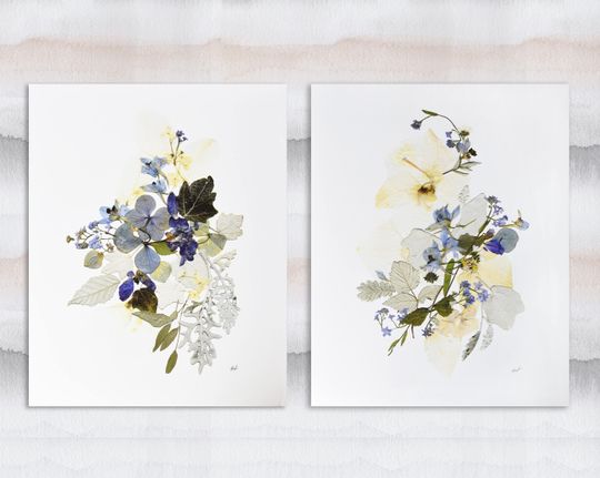 Discover Pressed flower prints Set of 2 prints Contemporary art Dry flower decor Herbarium Floral print wall art Botanical print Floral blue flowers
