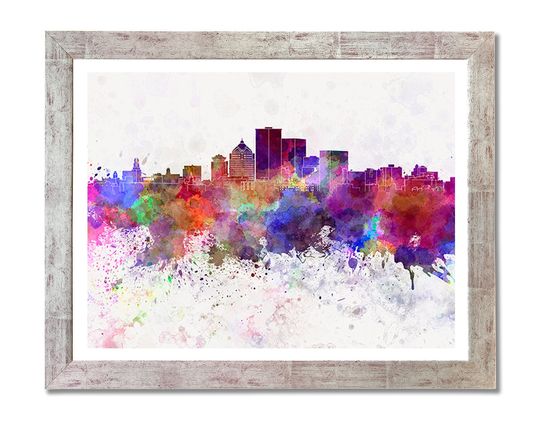Discover Rochester NY skyline in watercolor background - SKU 1075