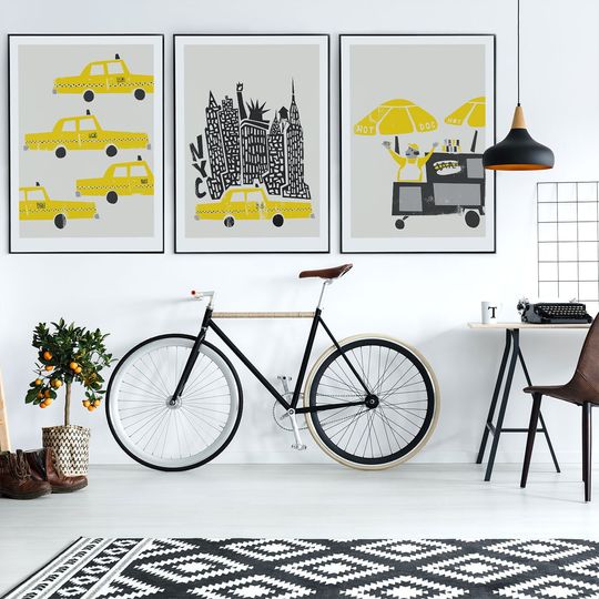 Discover Set of 3 New York Prints, Birthday Gift, New York Wall Art, Cityscape Gallery Wall, NYC Taxi Cab, Yellow Wall Decor Apartment, Travel Art