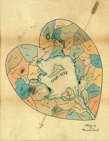 Discover Map of a woman's heart 1840, Joseph Husson.  Depicting women's characteristics as geographic features of a heart. Reproduction Vintage Print