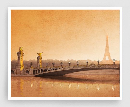 Discover Paris illustration - From sun to sun - Art Illustration Print art print Eiffel tower Home decor Architectural drawing Paris Cityscape Orange