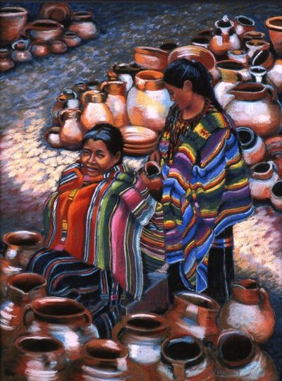 Discover Fine Art Giclee Print, Cantaros, Two Women, Indigenous, Guatemalan Women, Pastel Painting By Jan Maitland, Figures, Clay jugs, 8" X 10"