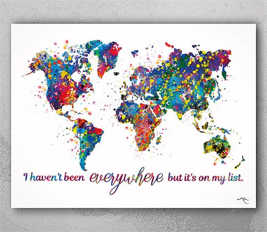 Discover World Map Watercolor Print I Haven't Been Everywhere But It's On My List Quote Housewarming Travel Art Wall Home Decor Wall Hanging-1641