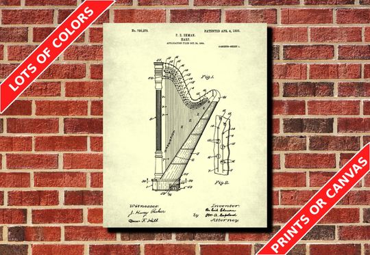 Discover Harp Patent Print, Classical Musician Gift Music Room Decor