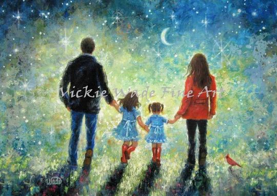 Discover Family Art Print, sisters art, evening star walk, father, mother, two sisters, daughters wall art, twilight walk starry night, Vickie Wade