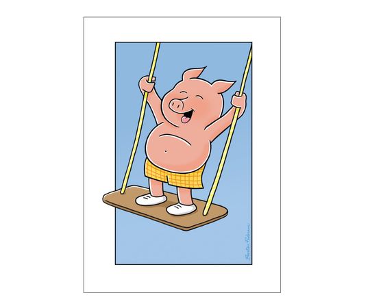 Discover High Quality Art Print featuring a Happy Pig enjoying a swing.