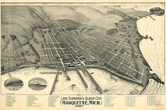 Discover Lake Superior's Queen City (Marquette) Michigan, MI, 1897.  Vintage restoration hardware home Deco Style old wall reproduction map print.