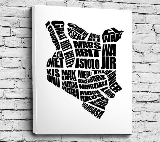 Discover Typographic Word Map of Kenya - Black and White Wall Art