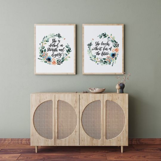 Discover Set of 2 She Is Clothed In Strength Prints - Proverbs 31:25 - wall art - christian prints - christian gifts - home decor - gift for her