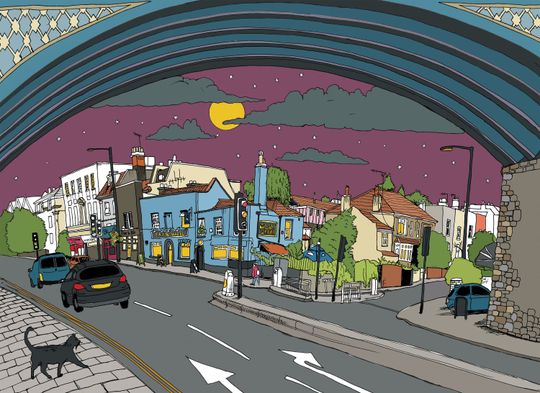 Discover Bristol illustration, fine art print, Gloucester Road Arches with The Cat and Wheel Pub, Bristol. Original Illustration - #bs2andbeyond