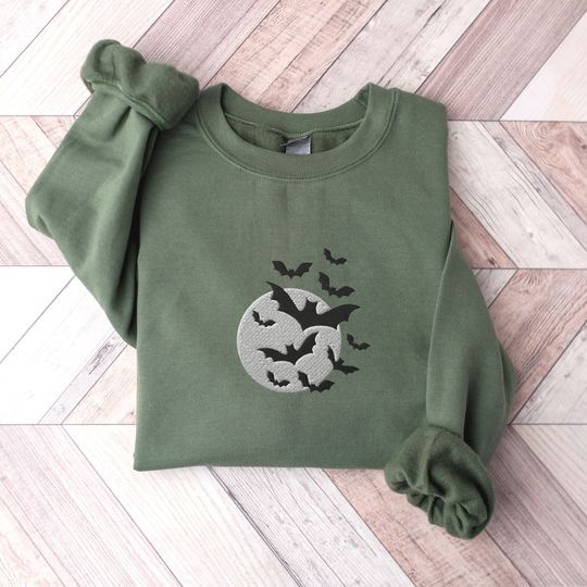 Discover Embroidered Bats Sweatshirt, Halloween Crewneck Sweater, Spooky Season Shirt