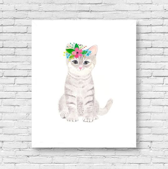 Discover Watercolor kitten, Woodland nursery, Animal Paintings, cat, rabbit, fawn, bird, watercolor animal, woodland, kids poster, kitten painting