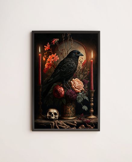 Discover Gothic Crow, Raven, Skull, Flowers & Candles / Poster, Print, Wall Art / Gothic, Goth, Dark, Fantasy, Macabre, Witchy, Cottagecore, Painting