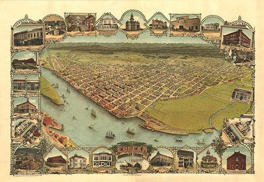 Discover Map of Eureka, Humboldt Co., California (CA), 1902.  Vintage restoration hardware home Deco Style old wall reproduction map print.