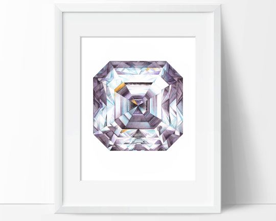 Discover Asscher Diamond Watercolor Art Print - Crystal Painting - Gemstone Wall Art - Gem Poster Home Decor - Gray Diamond Wall Hanging