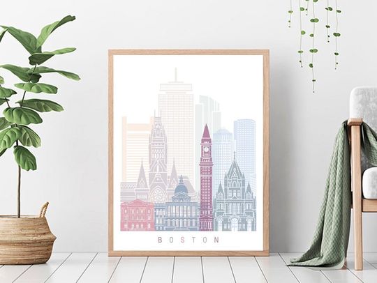 Discover Boston skyline poster - Fine Art Print Glicee Poster Decor Home Gift Illustration Wall Art Artistic Colorful Landmarks - SKU 2547