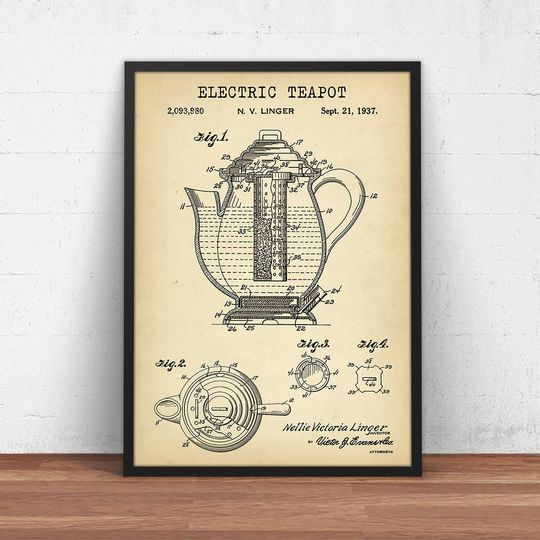 Discover 1937 Electric Tea Pot Patent Print - Kitchen Decor