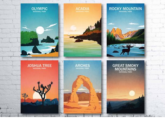 Discover National Park US minimalist poster set Rocky mountain Olympic Joshua tree Great smoky mountains Arches Acadia Travel Wall Art USA travel