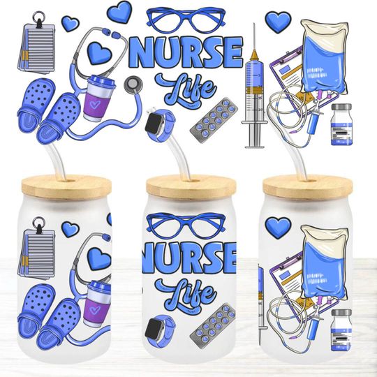 Discover NURSE LIFE 16oz Libbey Glass Can Wrap, Cup Wrap, Ready To Apply, No Heat Needed, Permanent Adhesive, Waterproof, Nurse Appreciation Week
