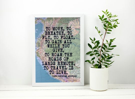 Discover To Travel Is To Live - Vintage Map Screenprint - Hans Christian Andersen Travel Quote