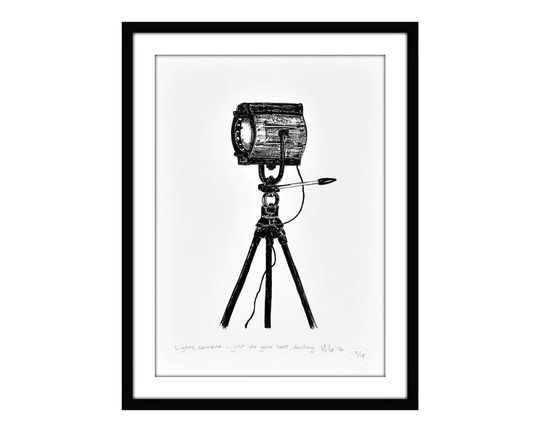 Discover Lights, Camera... just do your best, Darling by Veronica Lamb, Black and white limited edition screen print, Vintage spotlight, pen drawing
