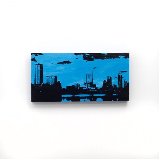 Discover Austin Skyline Wall Art on Wood (12 x 6 inches, Blue with Black) Cityscape Screen Print