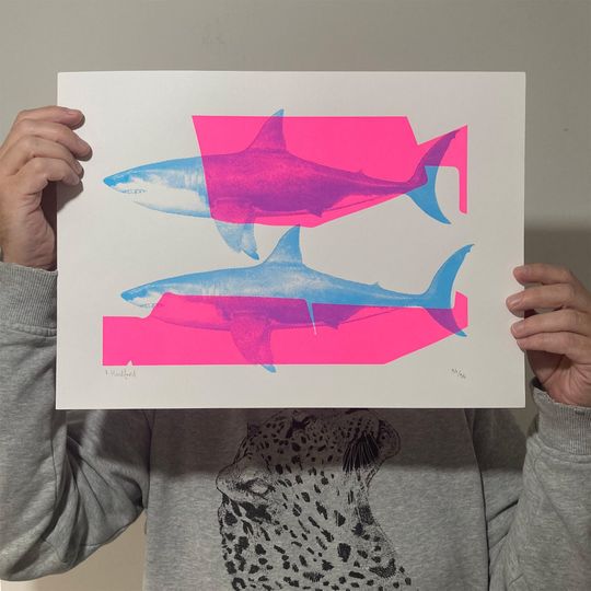 Discover Shark Screen Printed Poster - Neon Pink and Blue - 'Shark Tank'